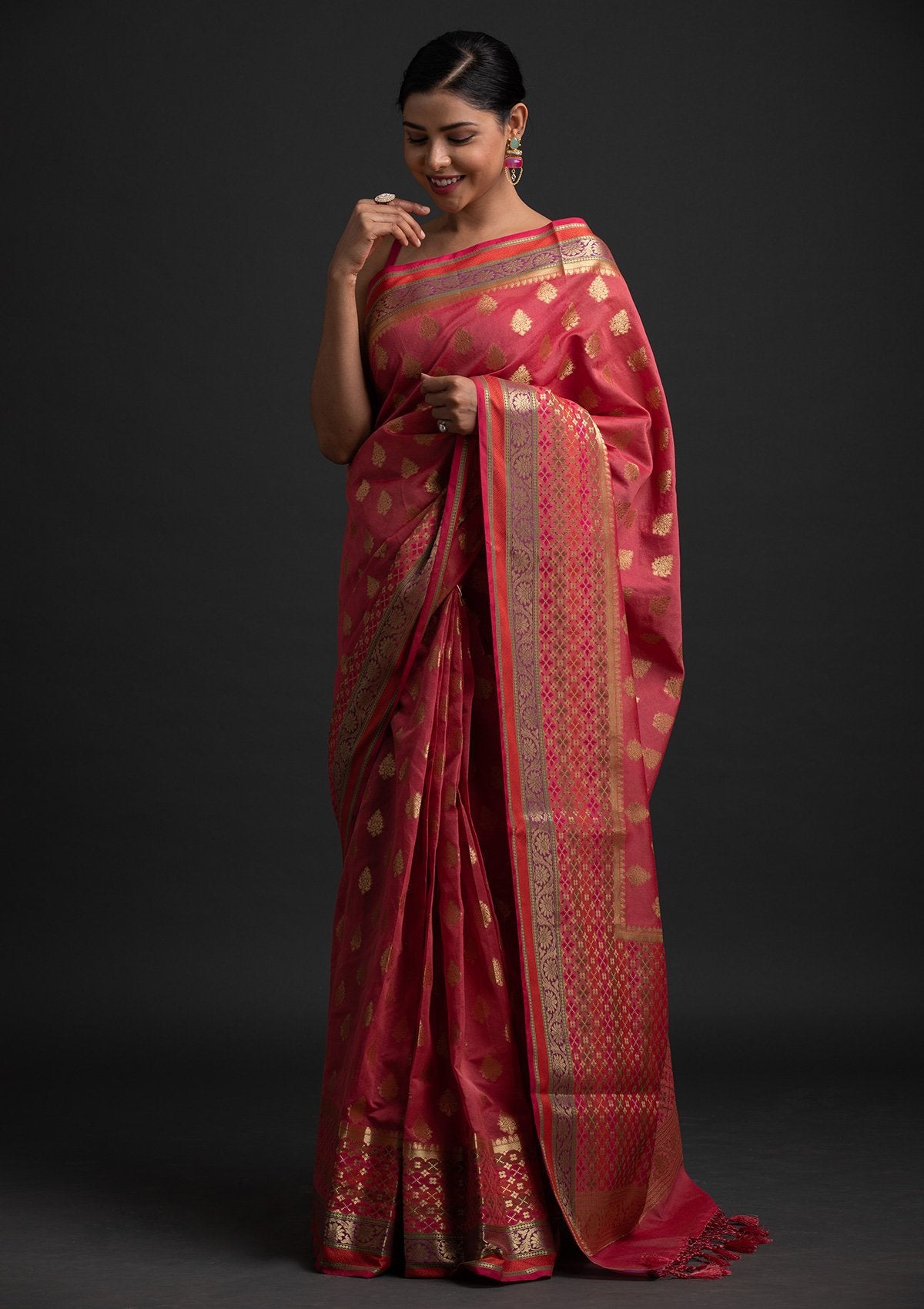 Rani Pink Zariwork Art Silk Designer Saree - koskii