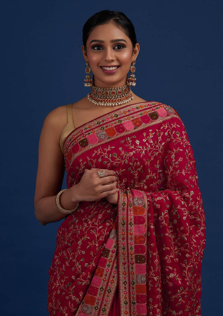 Rani Pink Zariwork Art Silk Designer Saree - Koskii