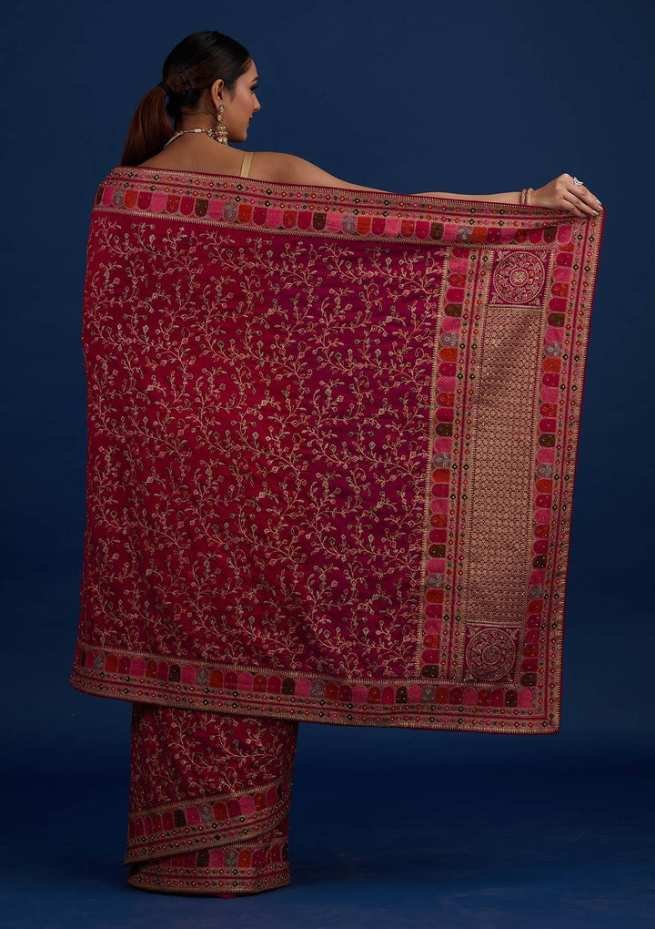 Rani Pink Zariwork Art Silk Designer Saree - Koskii