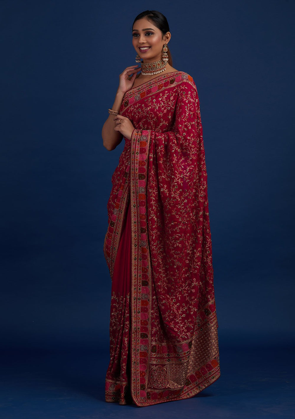 Rani Pink Zariwork Art Silk Designer Saree - Koskii