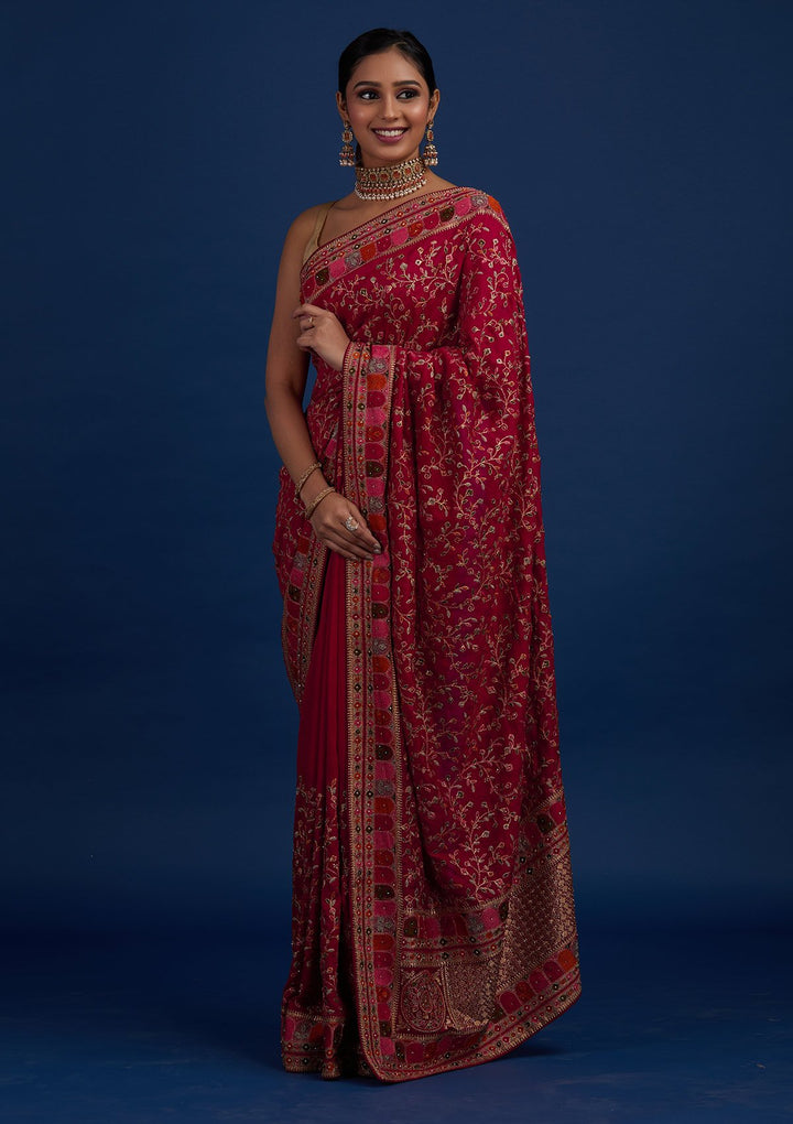 Rani Pink Zariwork Art Silk Designer Saree - Koskii