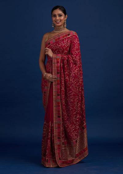 Rani Pink Zariwork Art Silk Designer Saree - Koskii