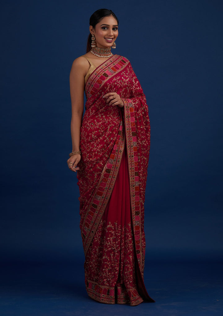 Rani Pink Zariwork Art Silk Designer Saree - Koskii