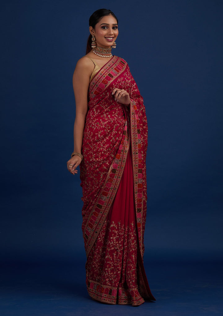 Rani Pink Zariwork Art Silk Designer Saree - Koskii