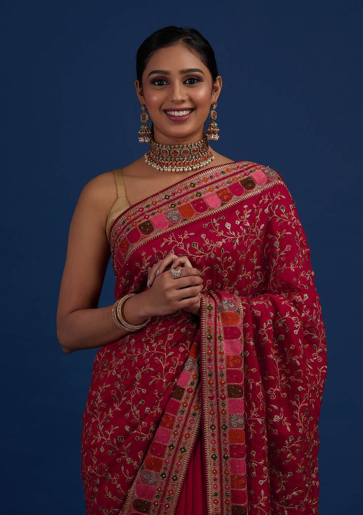 Rani Pink Zariwork Art Silk Designer Saree - Koskii