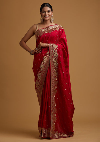 Rani Pink Zariwork Art Silk Designer Saree - koskii