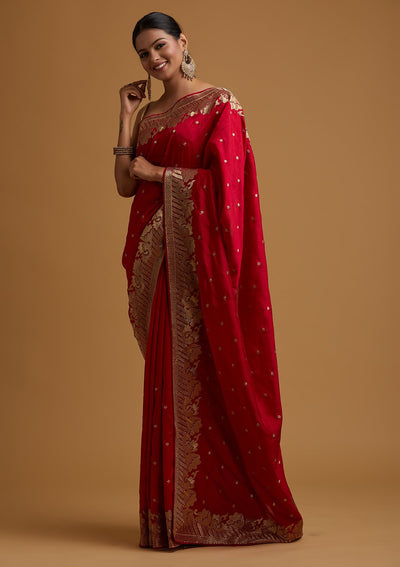 Rani Pink Zariwork Art Silk Designer Saree - koskii