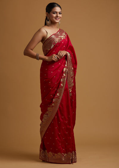 Rani Pink Zariwork Art Silk Designer Saree - koskii