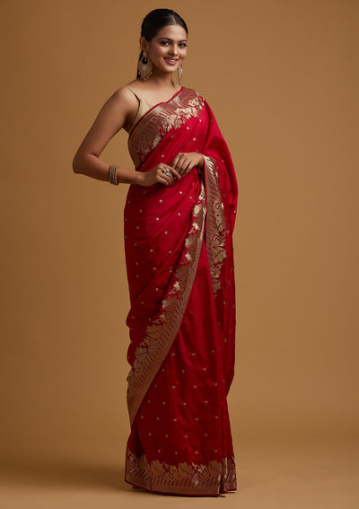 Rani Pink Zariwork Art Silk Designer Saree - koskii