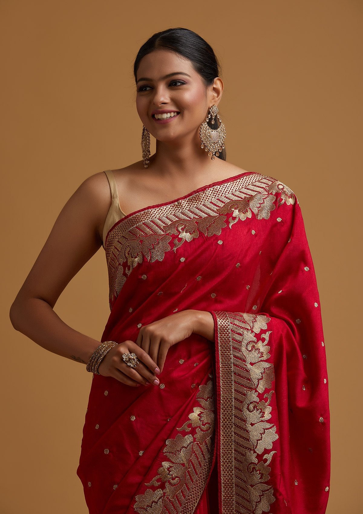 Rani Pink Zariwork Art Silk Designer Saree - koskii