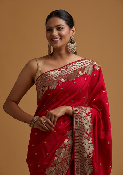 Rani Pink Zariwork Art Silk Designer Saree - koskii