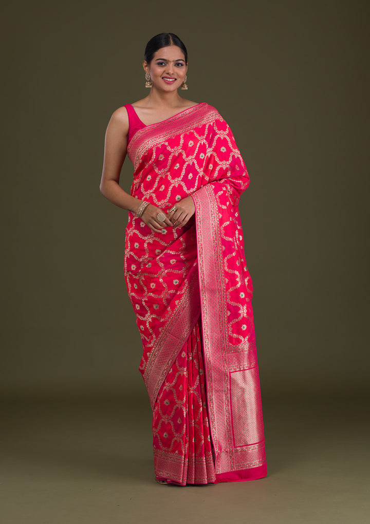 Rani Pink Zariwork Art Silk Unstitched Saree-Koskii
