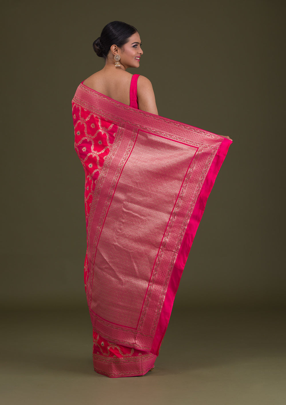 Rani Pink Zariwork Art Silk Unstitched Saree-Koskii