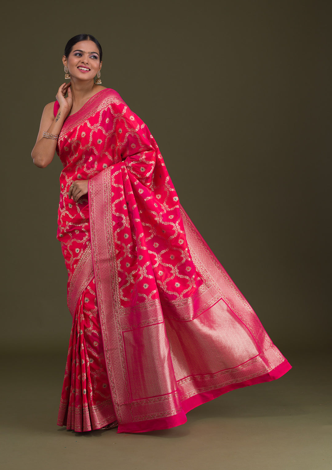 Rani Pink Zariwork Art Silk Unstitched Saree-Koskii
