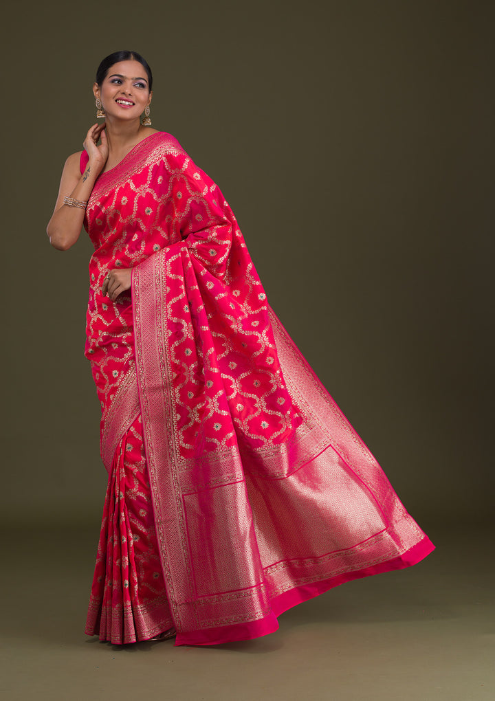 Rani Pink Zariwork Art Silk Unstitched Saree-Koskii