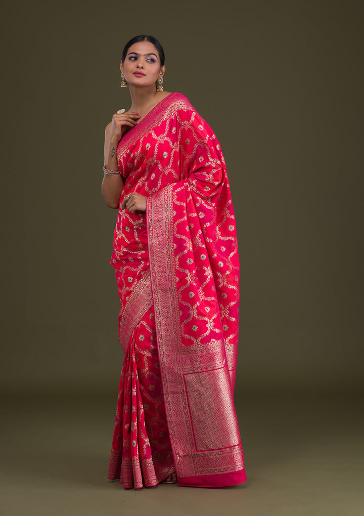 Rani Pink Zariwork Art Silk Unstitched Saree-Koskii