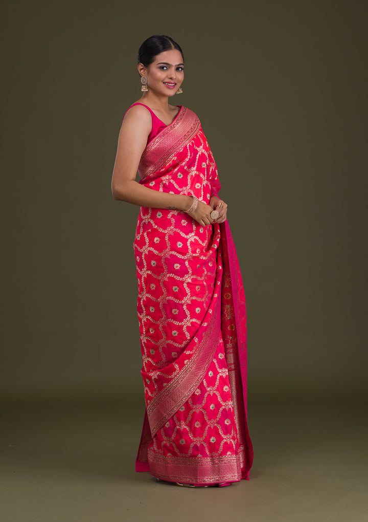 Rani Pink Zariwork Art Silk Unstitched Saree-Koskii