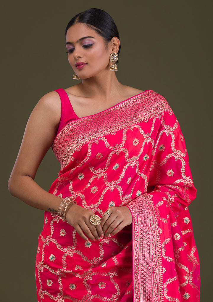 Rani Pink Zariwork Art Silk Unstitched Saree-Koskii