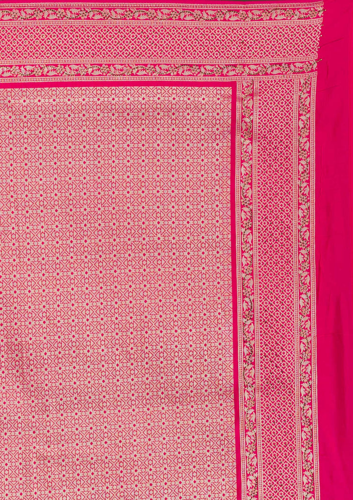 Rani Pink Zariwork Art Silk Unstitched Saree-Koskii