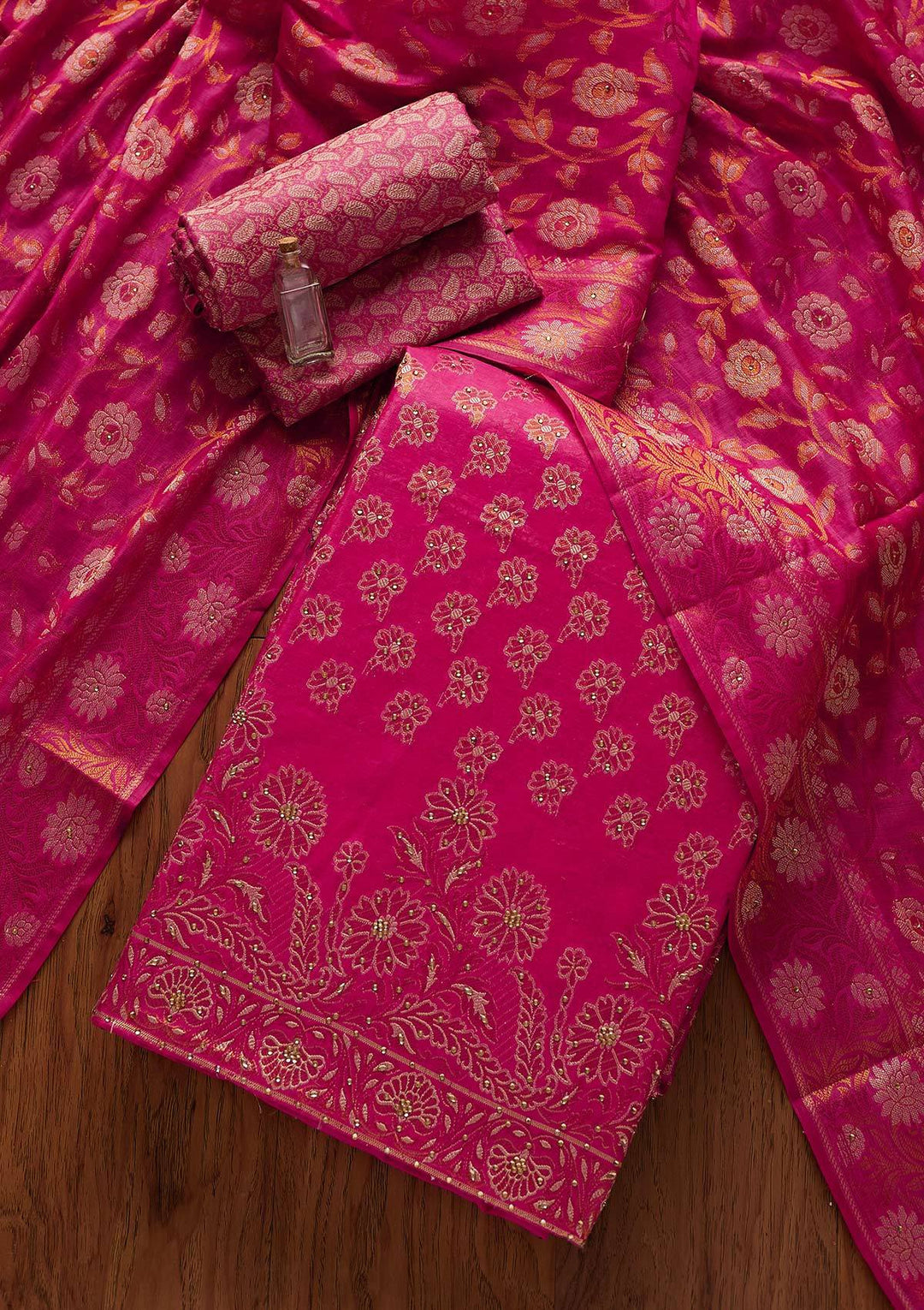 Rani Pink Zariwork Banarasi Designer Unstitched Salwar Suit - koskii