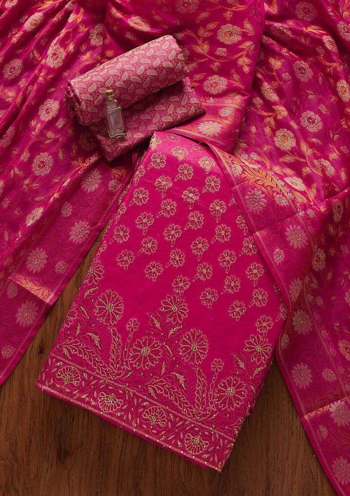 Rani Pink Zariwork Banarasi Designer Unstitched Salwar Suit - koskii