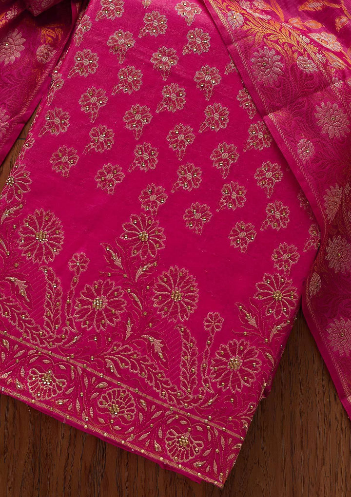 Rani Pink Zariwork Banarasi Designer Unstitched Salwar Suit - koskii