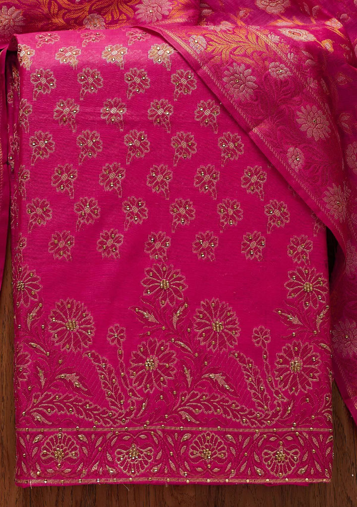 Rani Pink Zariwork Banarasi Designer Unstitched Salwar Suit - koskii