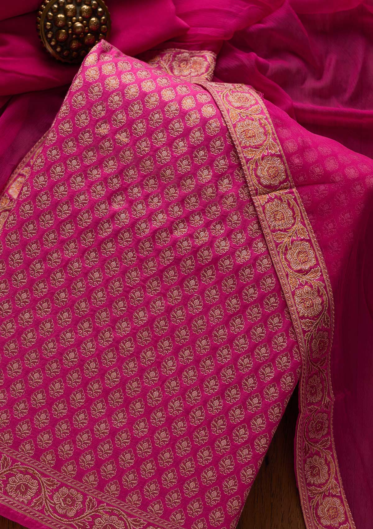 Rani Pink Zariwork Banarasi Designer Unstitched Salwar Suit - koskii