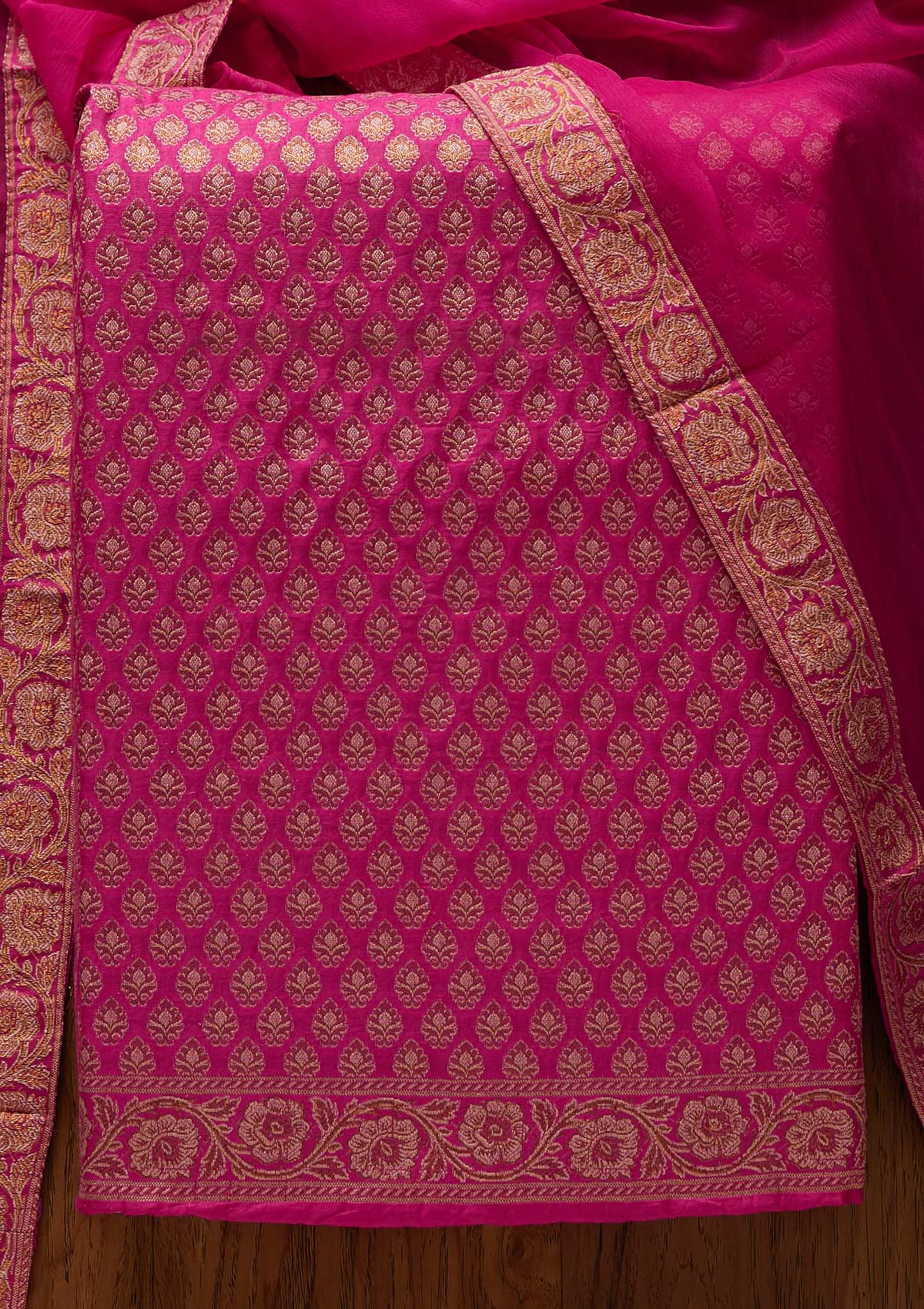 Rani Pink Zariwork Banarasi Designer Unstitched Salwar Suit - koskii