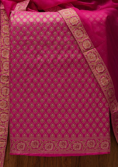 Rani Pink Zariwork Banarasi Designer Unstitched Salwar Suit - koskii