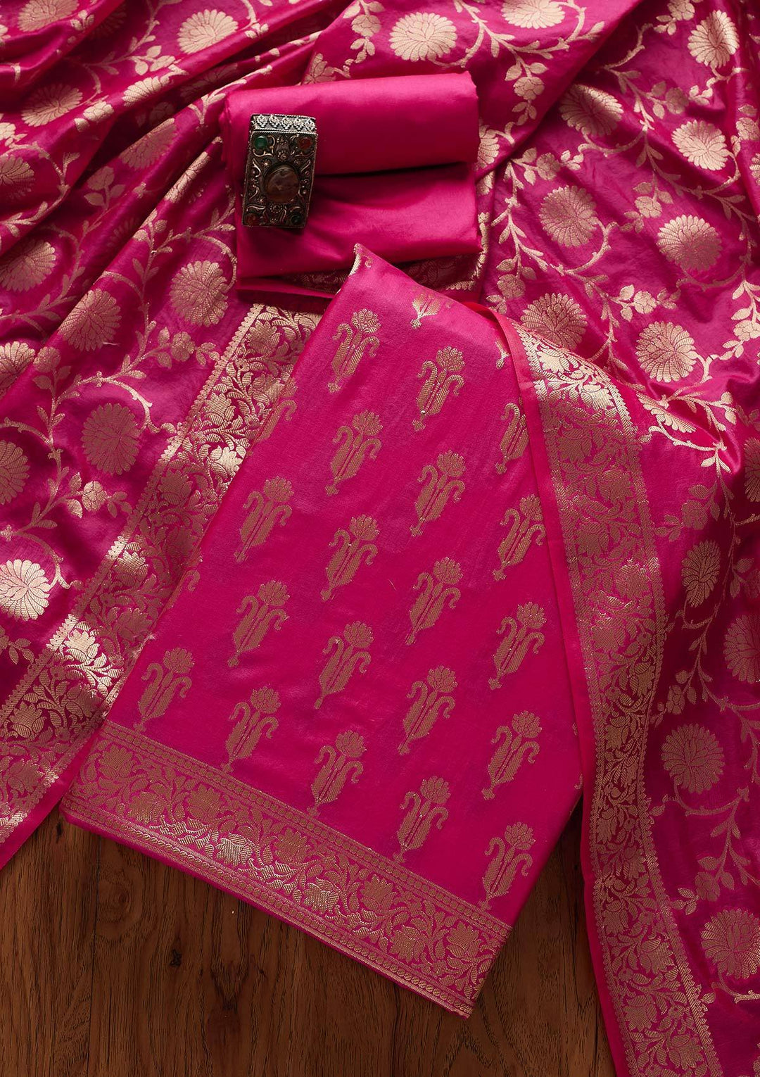 Rani Pink Zariwork Banarasi Designer Unstitched Salwar Suit - Koskii