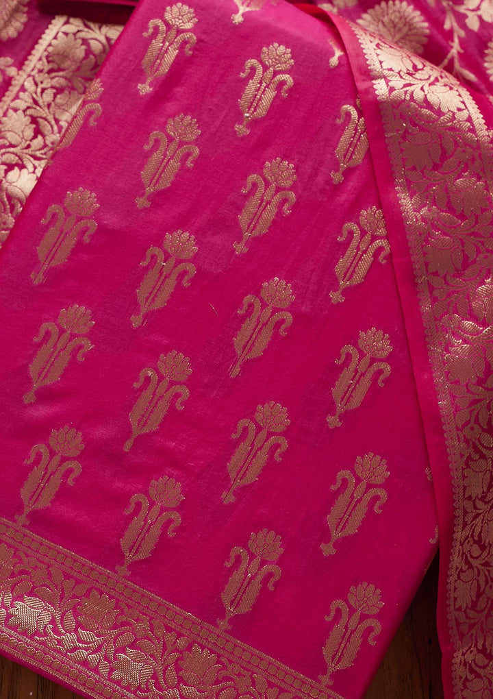Rani Pink Zariwork Banarasi Designer Unstitched Salwar Suit - Koskii