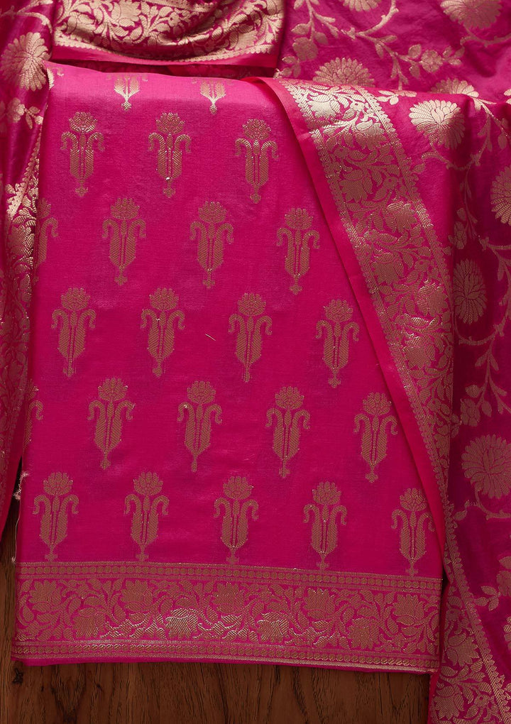 Rani Pink Zariwork Banarasi Designer Unstitched Salwar Suit - Koskii