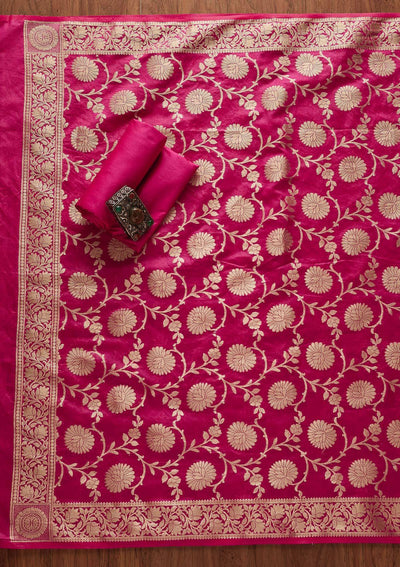 Rani Pink Zariwork Banarasi Designer Unstitched Salwar Suit - Koskii