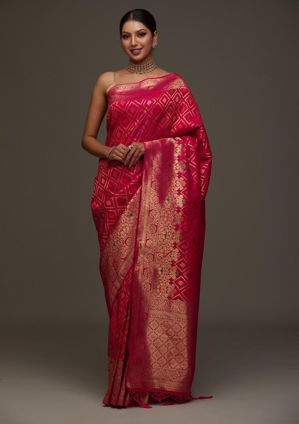 Rani Pink Zariwork Banarasi Designer Saree- Koskii