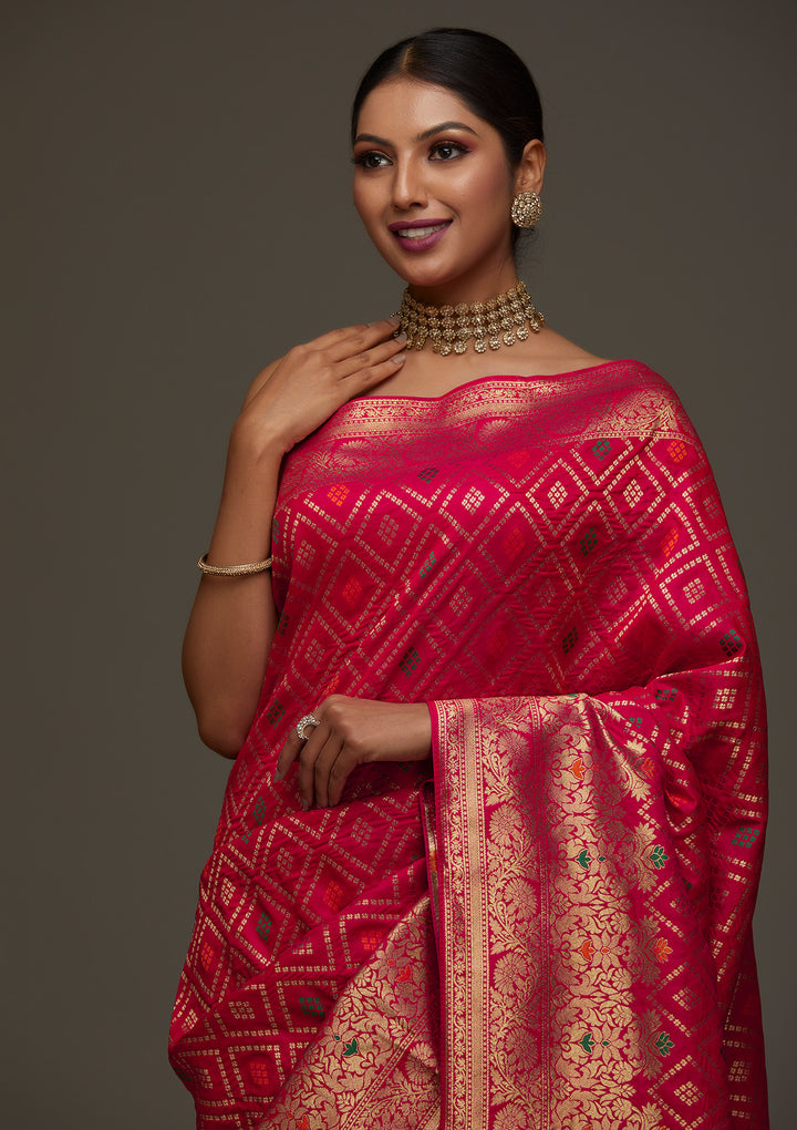 Rani Pink Zariwork Banarasi Designer Saree - Koskii