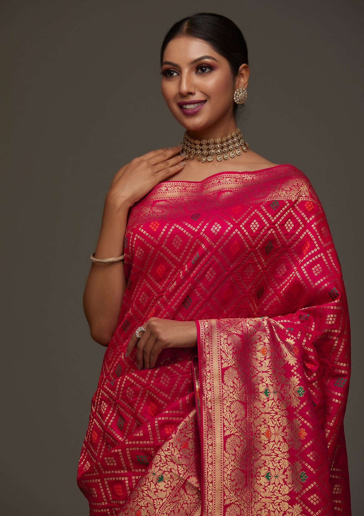 Rani Pink Zariwork Banarasi Designer Saree - Koskii