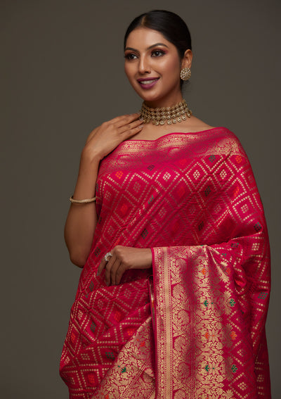Rani Pink Zariwork Banarasi Designer Saree - Koskii