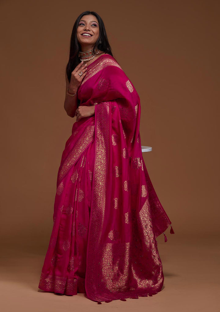 Rani Pink Zariwork Banarasi Saree-Koskii