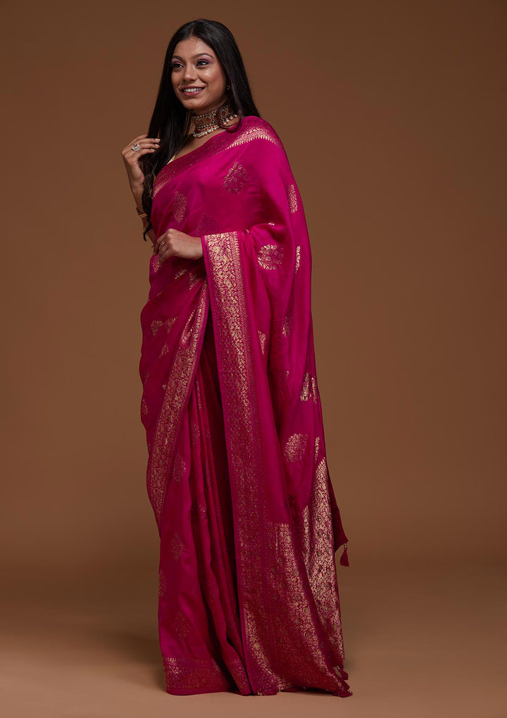 Rani Pink Zariwork Banarasi Saree-Koskii