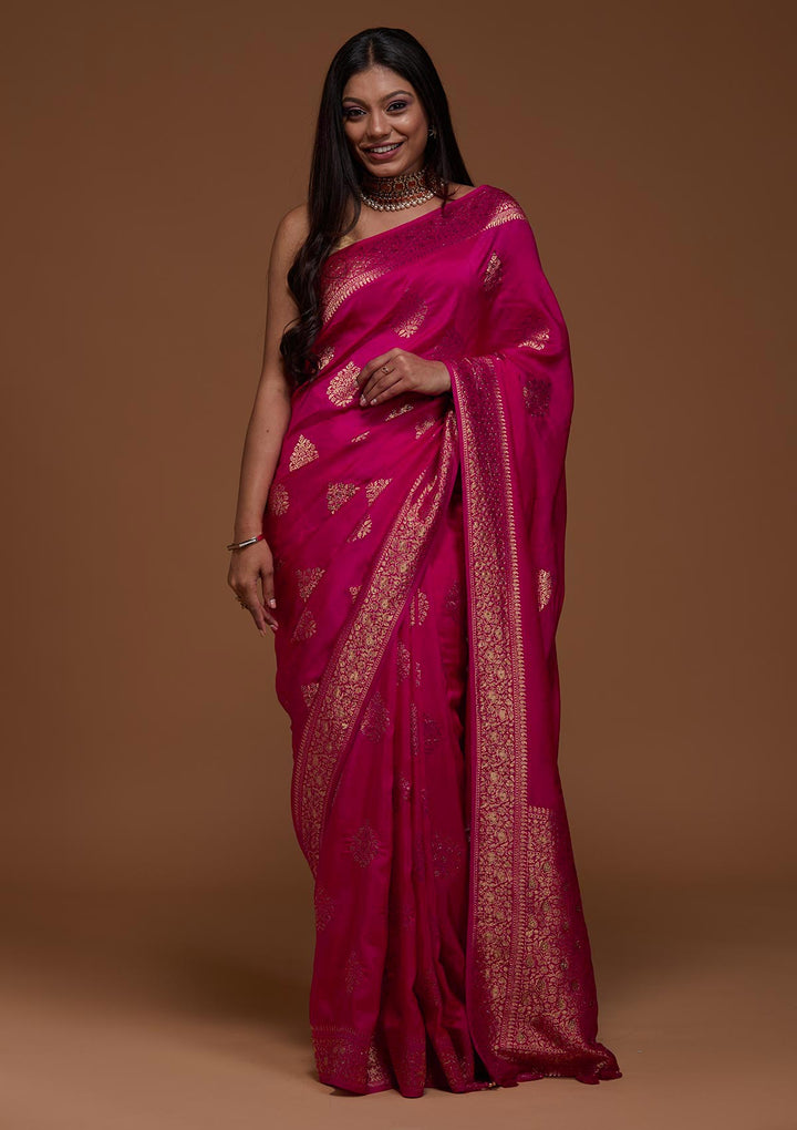 Rani Pink Zariwork Banarasi Saree-Koskii