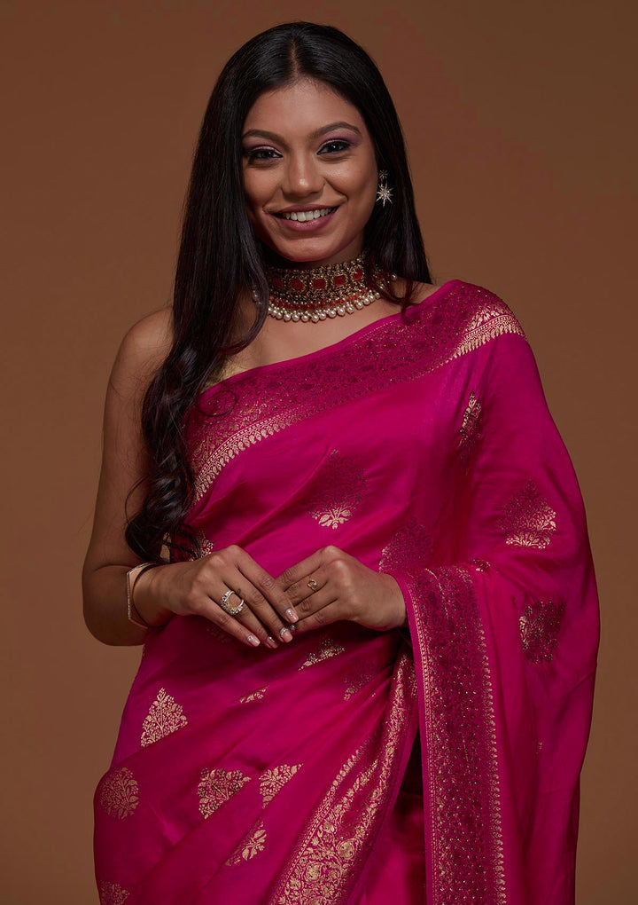 Rani Pink Zariwork Banarasi Saree-Koskii