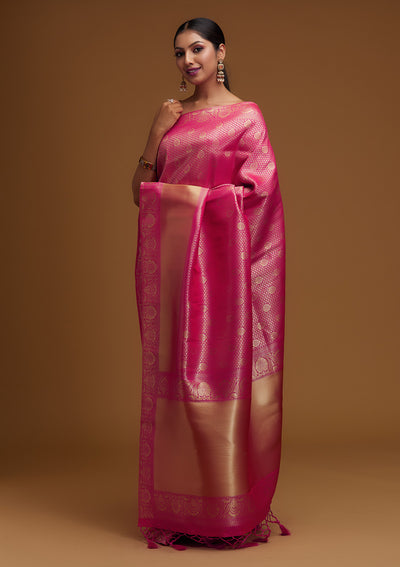 Rani Pink Zariwork Brocade Designer Saree - Koskii