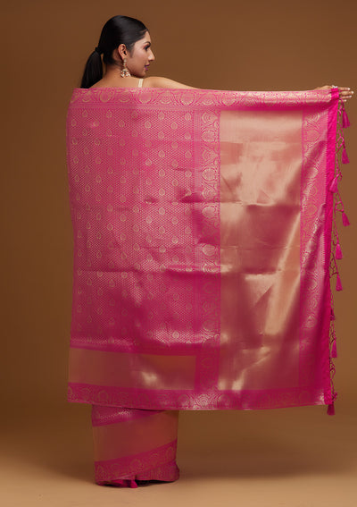 Rani Pink Zariwork Brocade Designer Saree - Koskii