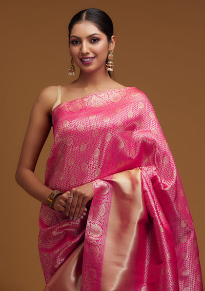 Rani Pink Zariwork Brocade Designer Saree - Koskii