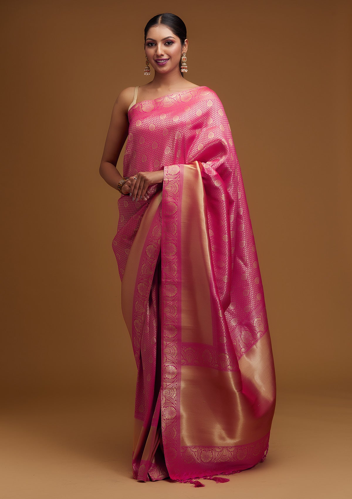 Rani Pink Zariwork Brocade Designer Saree - Koskii