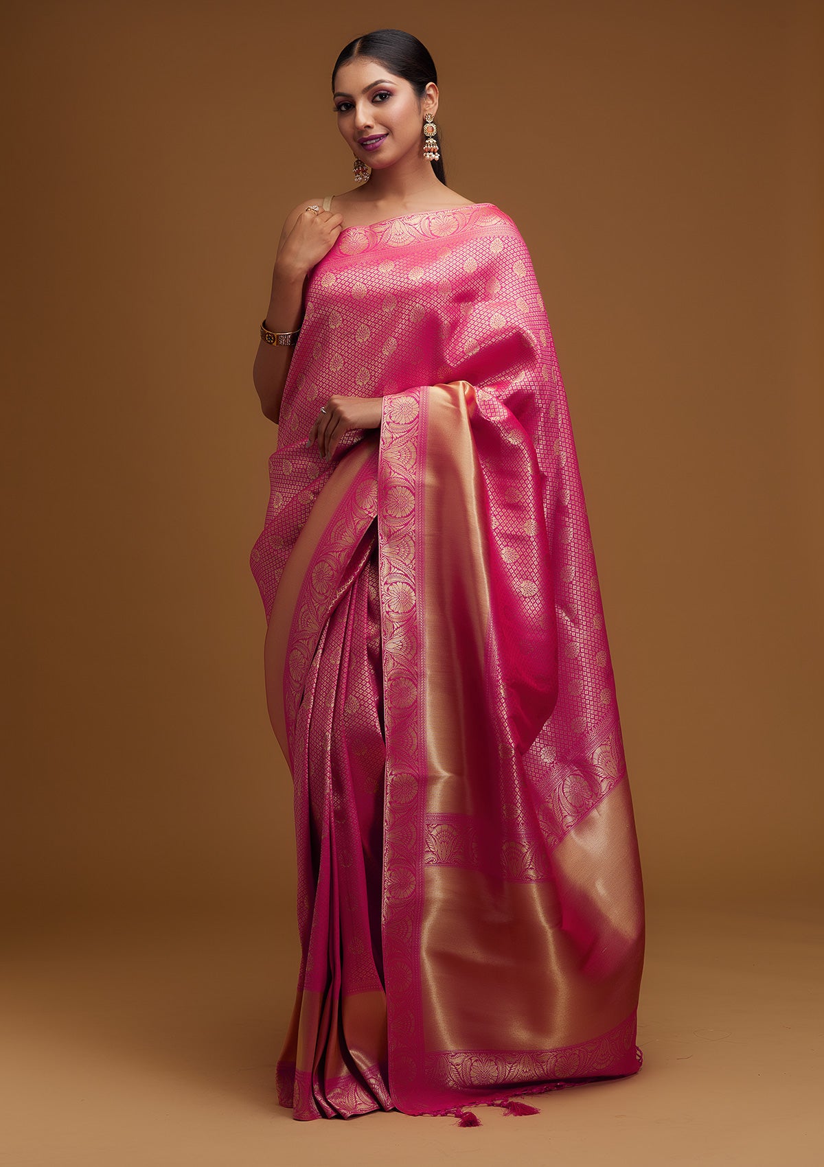 Rani Pink Zariwork Brocade Designer Saree - Koskii