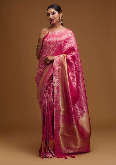 Rani Pink Zariwork Brocade Designer Saree - Koskii