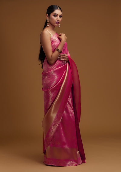 Rani Pink Zariwork Brocade Designer Saree - Koskii