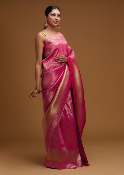 Rani Pink Zariwork Brocade Designer Saree - Koskii